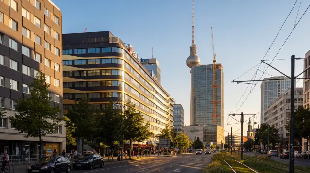 Straße in Berlin-Mitte im Abendlicht, über den Gebäuden ragt der Fernsehturm auf